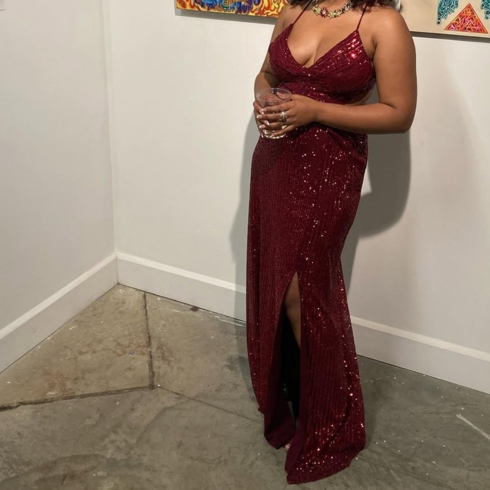 Glamorous Backless Sequin Gown in Deep Burgundy